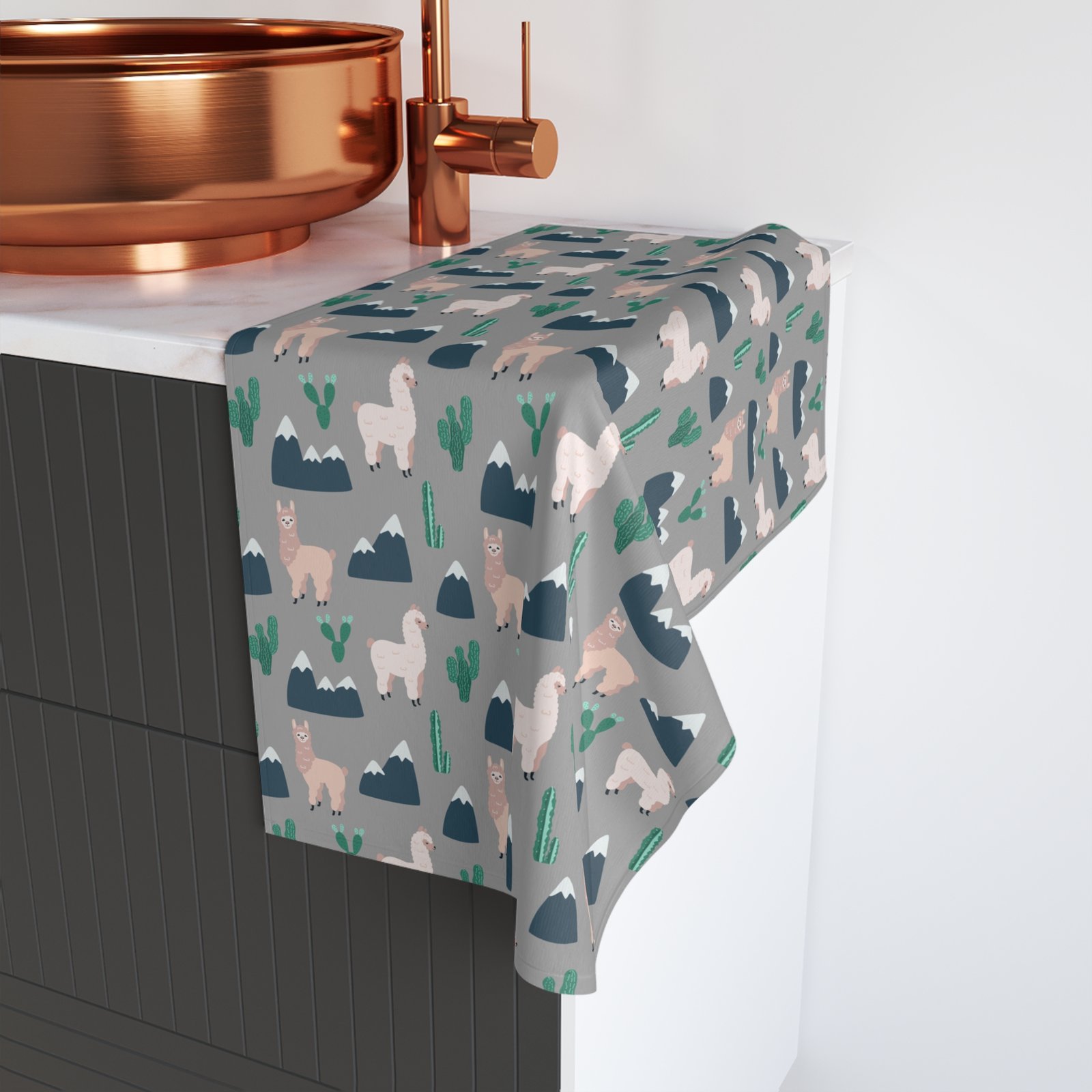 Llamas, Cactuses & Mountains on Grey Soft Tea Towel - Image 4