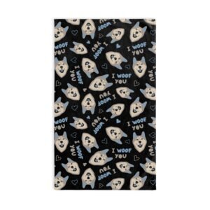 Siberian Husky I Woof You Soft Tea Towel - Slate Blue & Grey Husky on Black