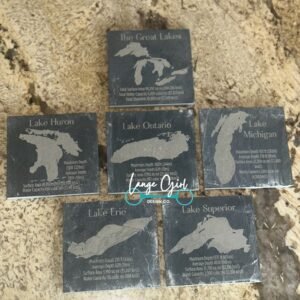 Handcrafted Great Lakes Slate Coaster Set (6) - Engraved Huron, Ontario, Michigan, Erie, Superior - Made in Michigan by Lange Girl Design