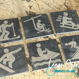 Handcrafted Winter Sports Slate Coaster Set (6) - Engraved Cross Country Skiing, Snowboarding, Ski Lift, Snowmobiling, Sledding, Ski Jumping - Made in Michigan by Lange Girl Design