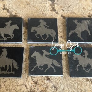 Handcrafted Cowgirl Design Slate Coaster Set (6) - Engraved Lassos, Cowboy Hats, Boots - Made in Michigan by Lange Girl Design